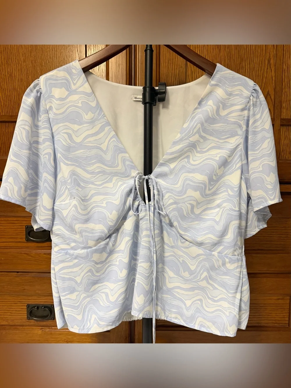 Abercrombie & Fitch Marble Swirl Tie Front Boho Blouse Smocked Flutter Sleeve